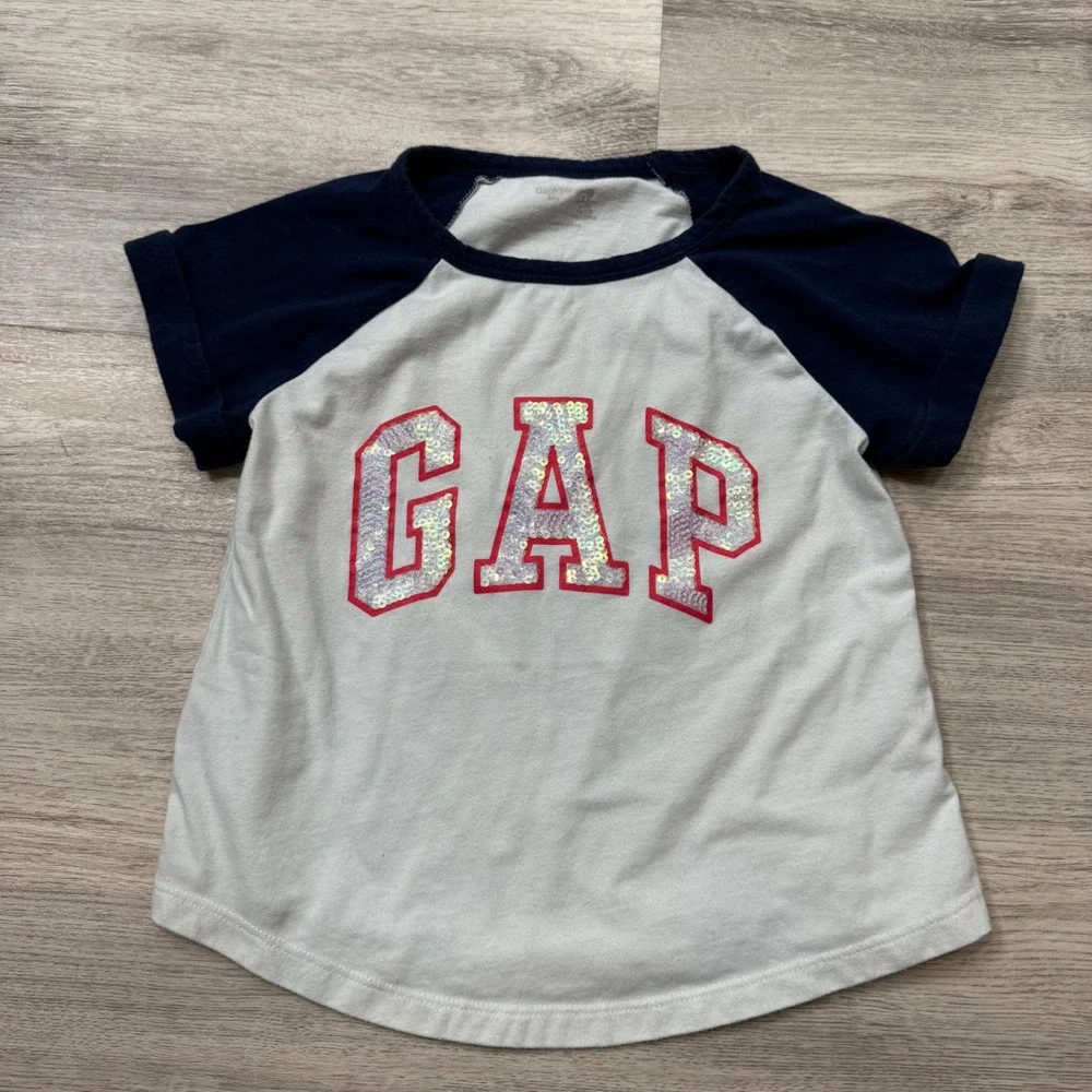 Gap Kids Sequin Logo‎ T Shirt Navy Blue and White Girl's Top